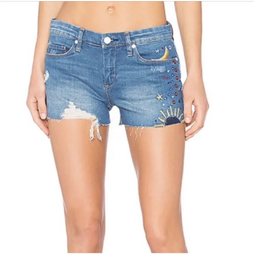 Blank NYC Distress Cut Off Sun Moon Embroidered Lil Queenie Jean Shorts Size 25